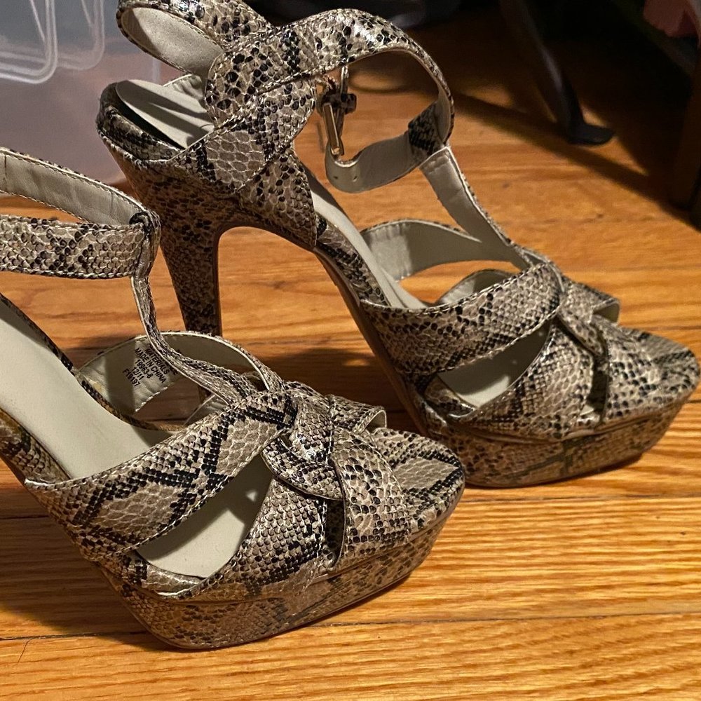 City Streets Snakeskin Strappy Peep Toe Heels